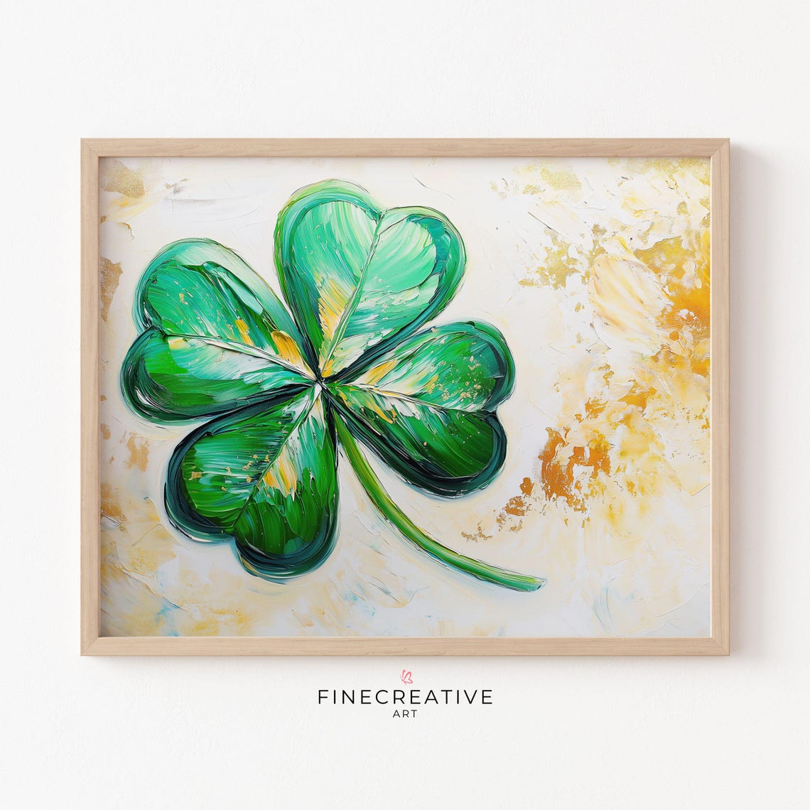 Green Four Leaf Clover with Gold Accents Impasto Lucky Poster