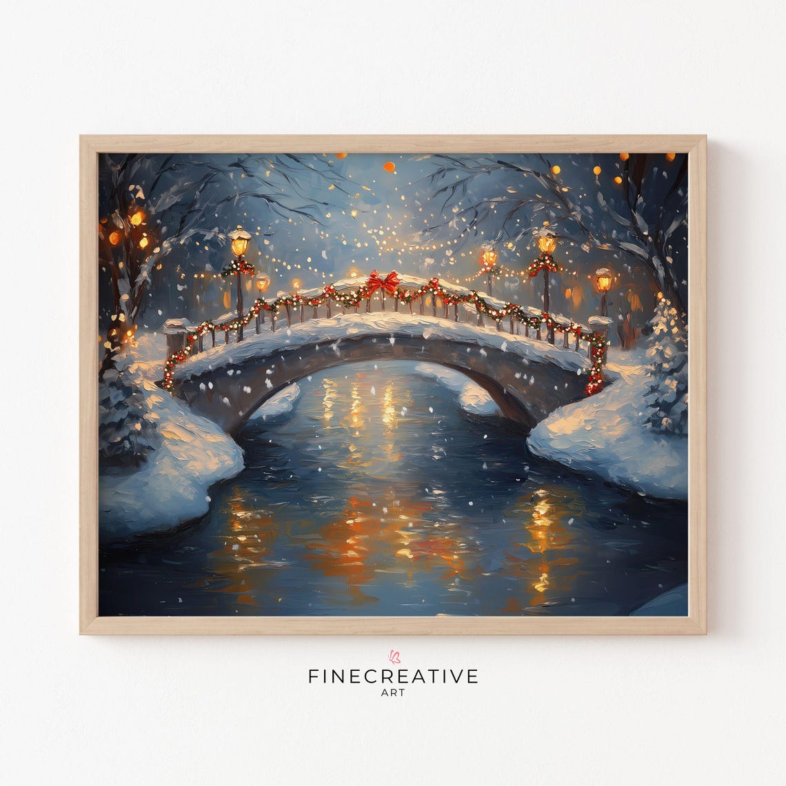Snowy Christmas Bridge With Garland Lights Over River Poster