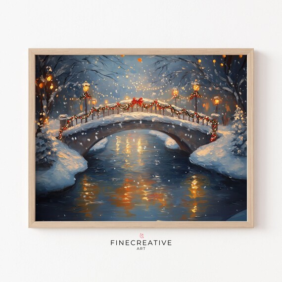 Snowy Christmas Bridge With Garland Lights Over River Poster