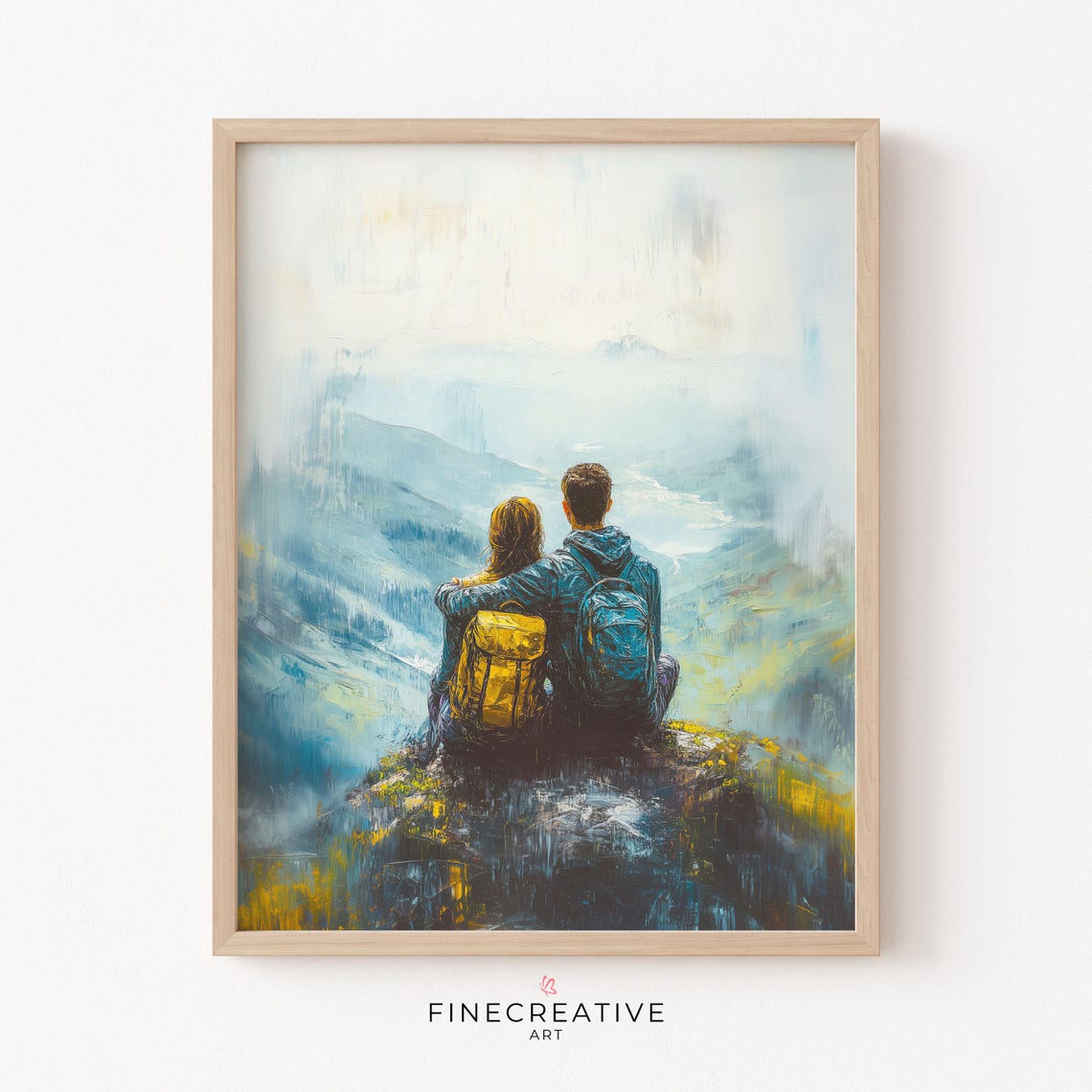 Couple Hikers With Backpacks on a Misty Mountain Cliff Poster