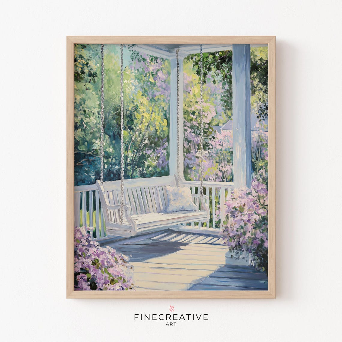 White Porch Swing on a Sunlit Veranda With Lilac Blooms Poster