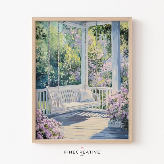 White Porch Swing on a Sunlit Veranda With Lilac Blooms Poster