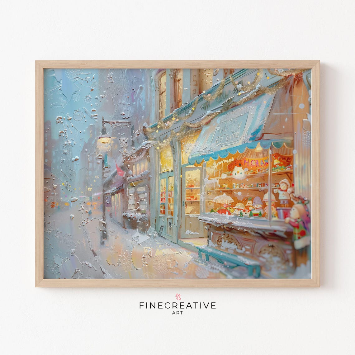 Festive Toy Store Window On Snowy Street At Night Scene Poster