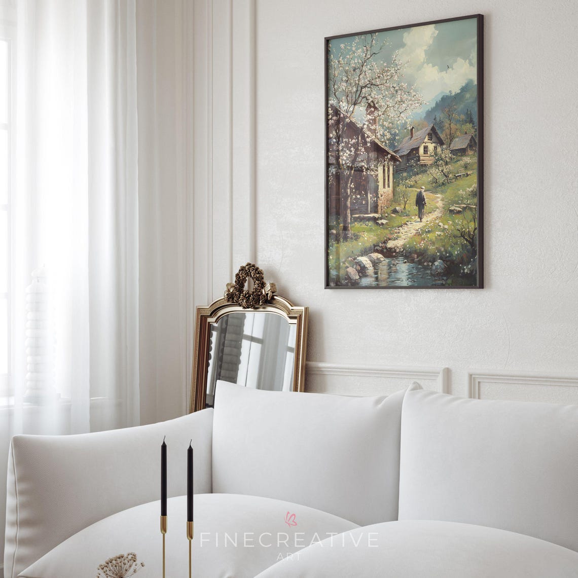 Vintage Mountain Village Cottage With Blooming Blossom Tree Wall Art - Image 2