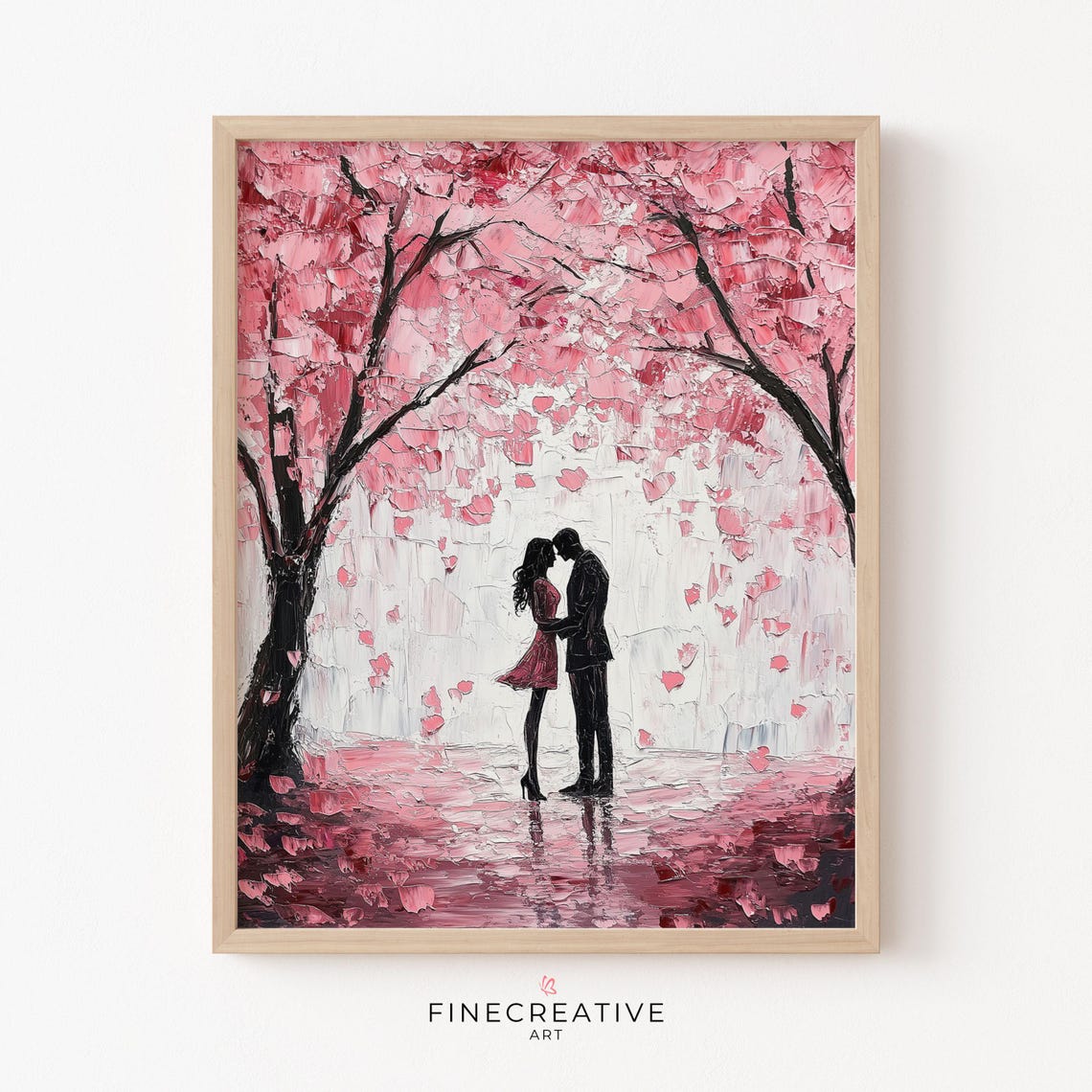 Couple Embracing Under Cherry Blossom Trees Petal Fall Painting Poster