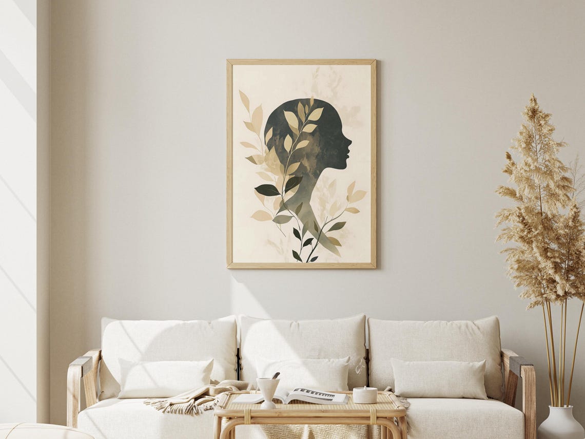 Botanical Woman Silhouette Print Minimalist Neutral Decor Instant