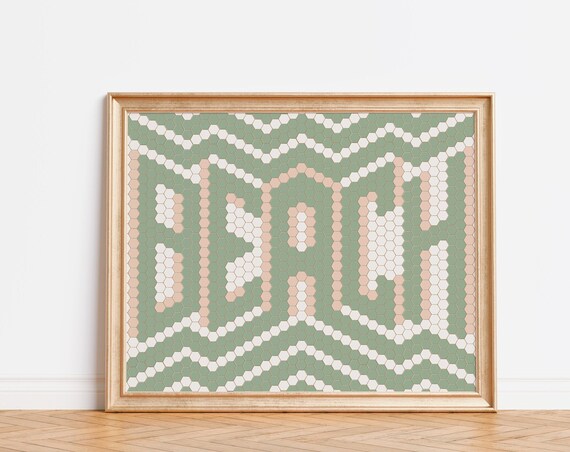 Beach Hexagon Tile Typography Sage Green Minimalist Text Art Poster