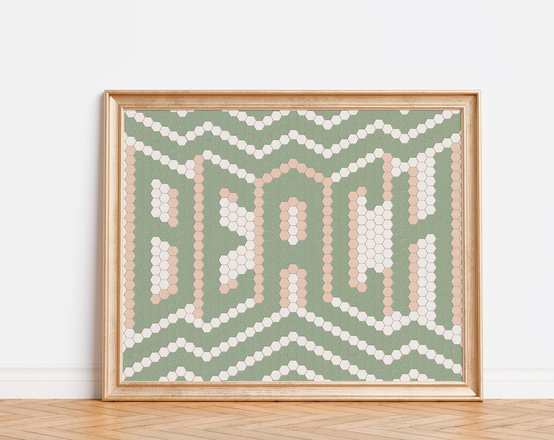 Beach Hexagon Tile Typography Sage Green Minimalist Text Art Poster