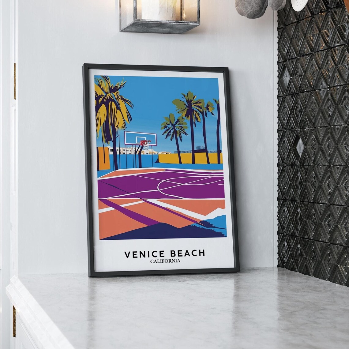 Venice Beach Basketball Court Palm Trees Colorful California Poster
