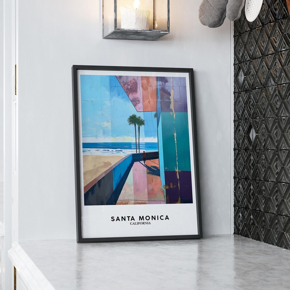 Santa Monica California Colorful Beach Walkway Palm Travel Poster