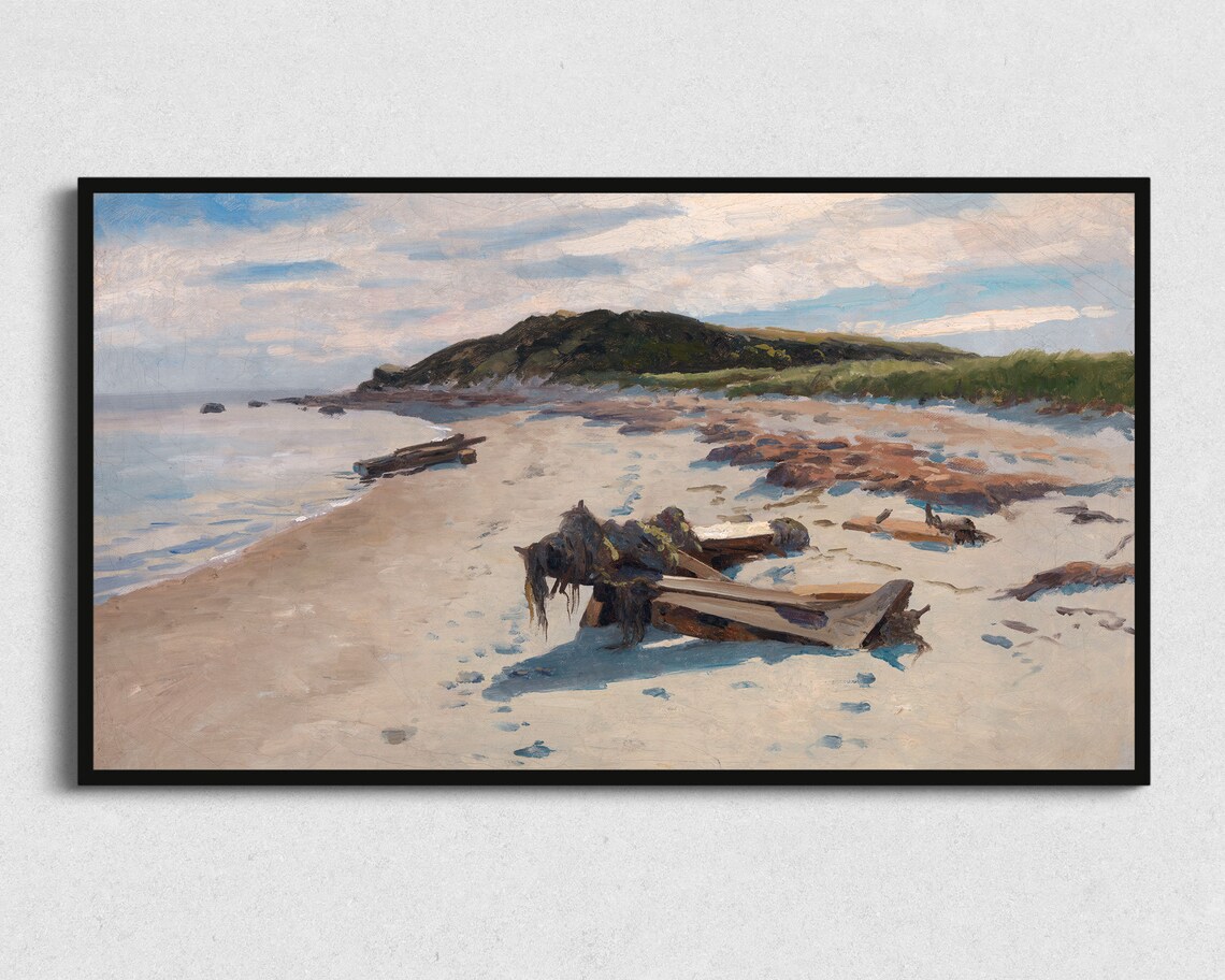 Quiet Sandy Beach Driftwood Dunes Calm Sea Vintage Coastal Painting Poster