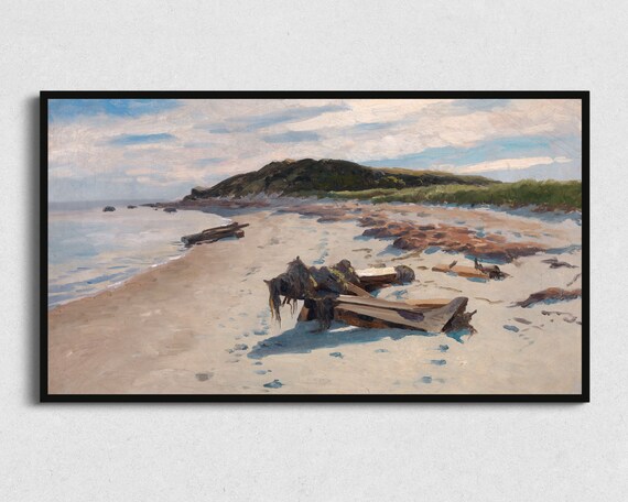 Quiet Sandy Beach Driftwood Dunes Calm Sea Vintage Coastal Painting Poster