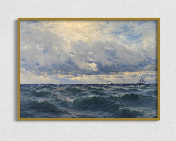 Open Ocean Seascape Rolling Waves Ships Dramatic Cloudy Sky Vintage Art Poster