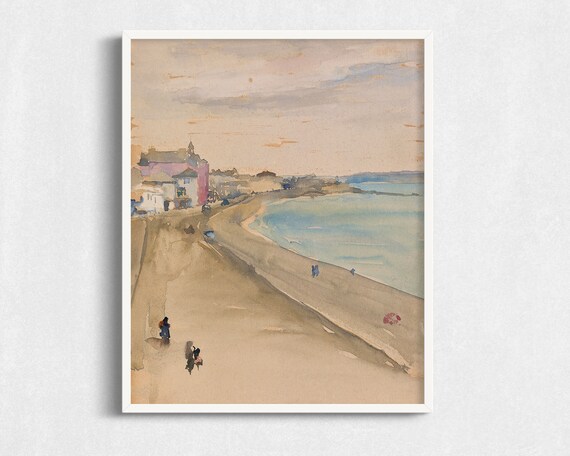 Old Seaside Town Beach Promenade Vintage Watercolor Coastal Art Poster