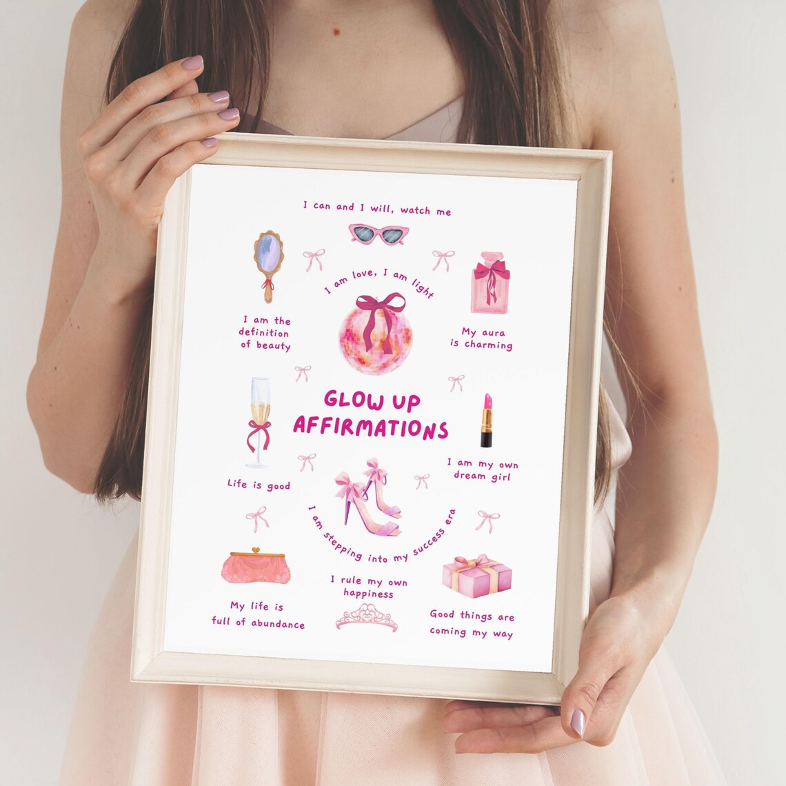 Glow Up Affirmations Pink Coquette Self Love Quotes Dorm Wall Art