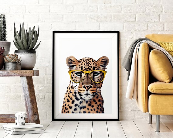 Leopard Wearing Yellow Glasses Funny Modern Animal Portrait Poster