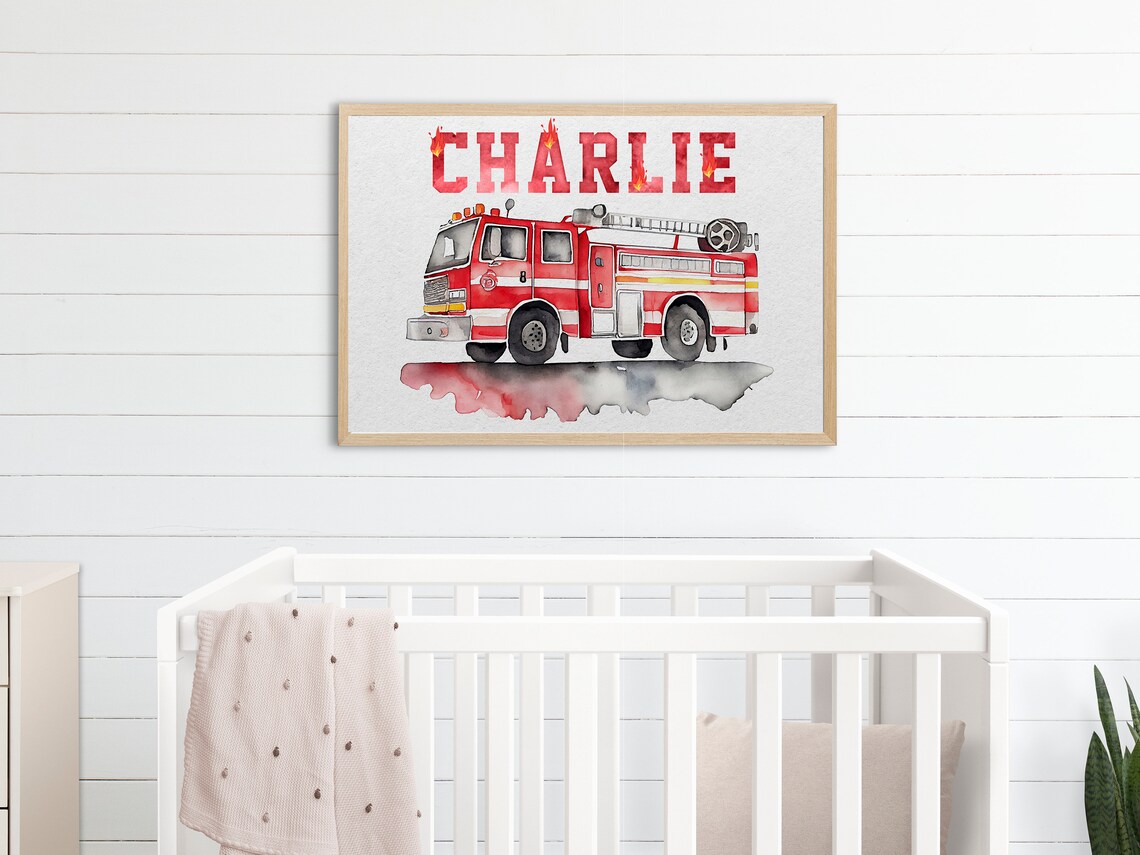 Personalized Watercolor Fireman Rescue Firetruck Art Print