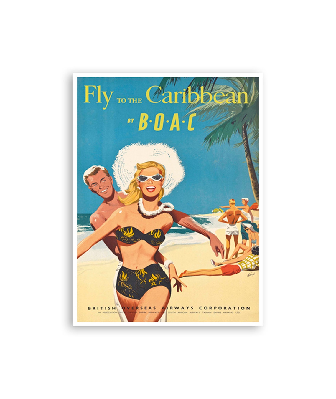 Fly to the Caribbean by BOAC Sunny Beach Couple Vintage Travel Poster