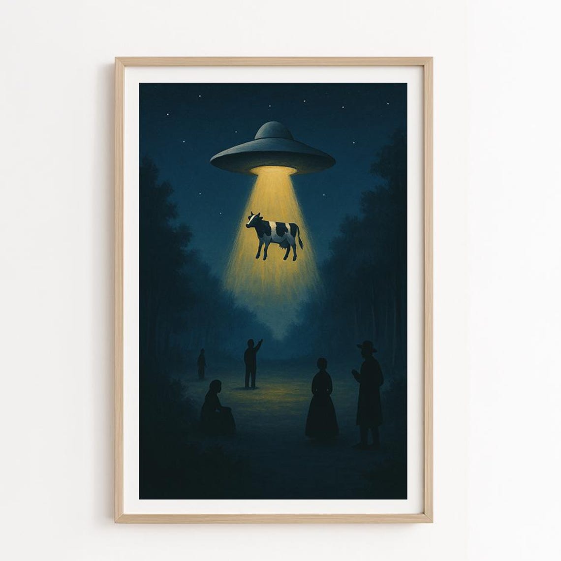 Night UFO Cow Abduction Silhouette Starry Sky Surreal Humor Poster