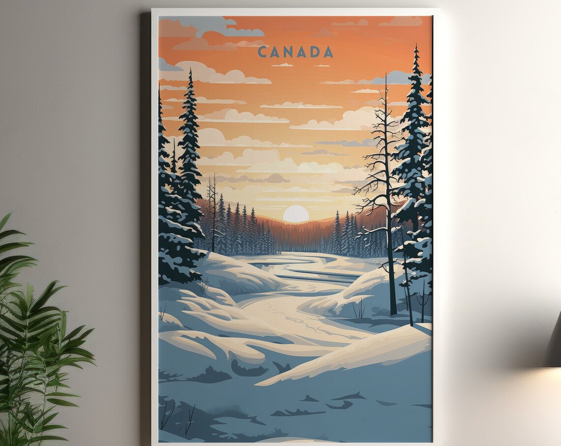Canada Winter Wonderland Snowy Forest River Sunset Travel Poster - Image 7