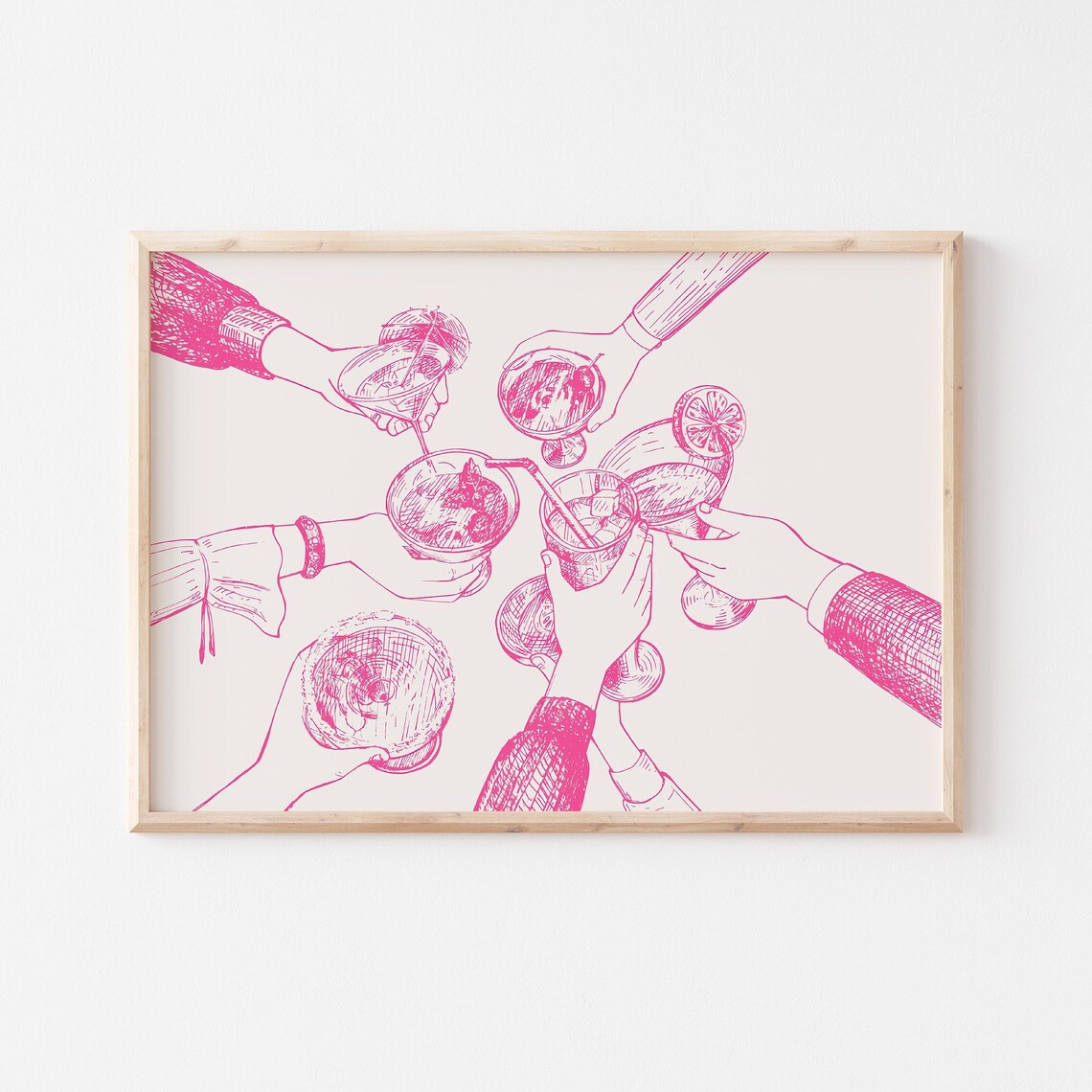 Pink Line Art Cocktail Cheers Toast Girls Night Bar Cart Poster