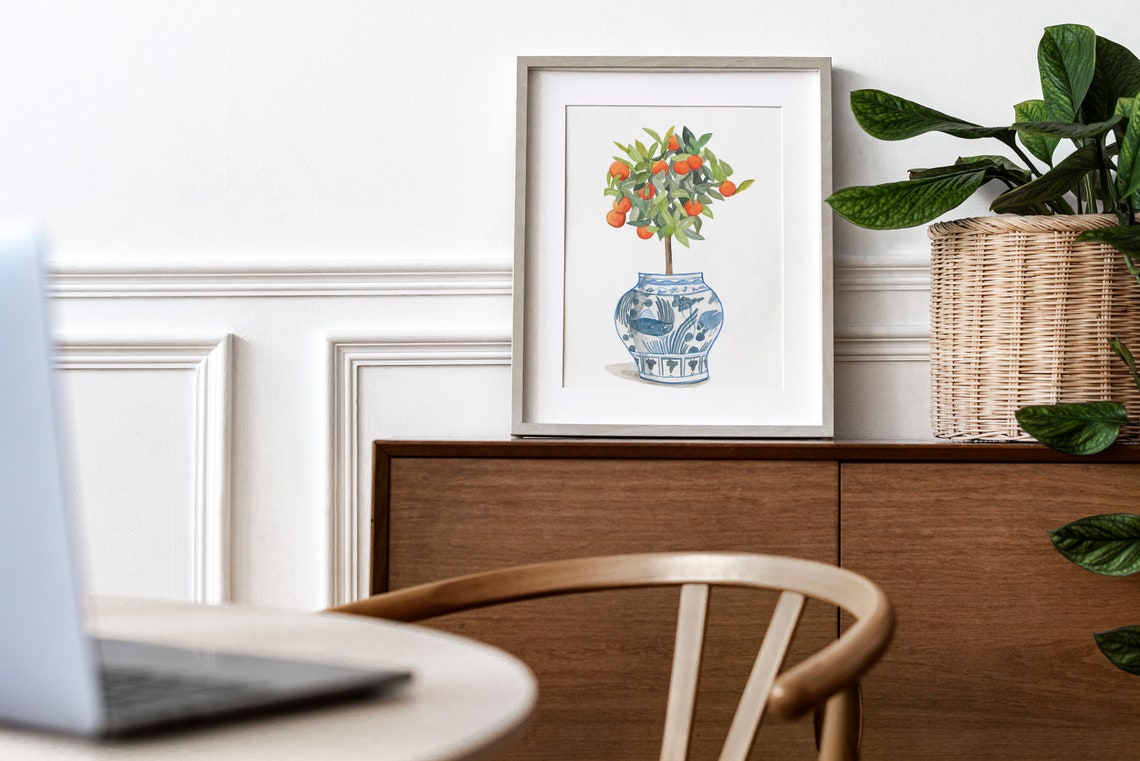 Orange Topiary Tree In Blue And White Porcelain Planter Print - Image 2