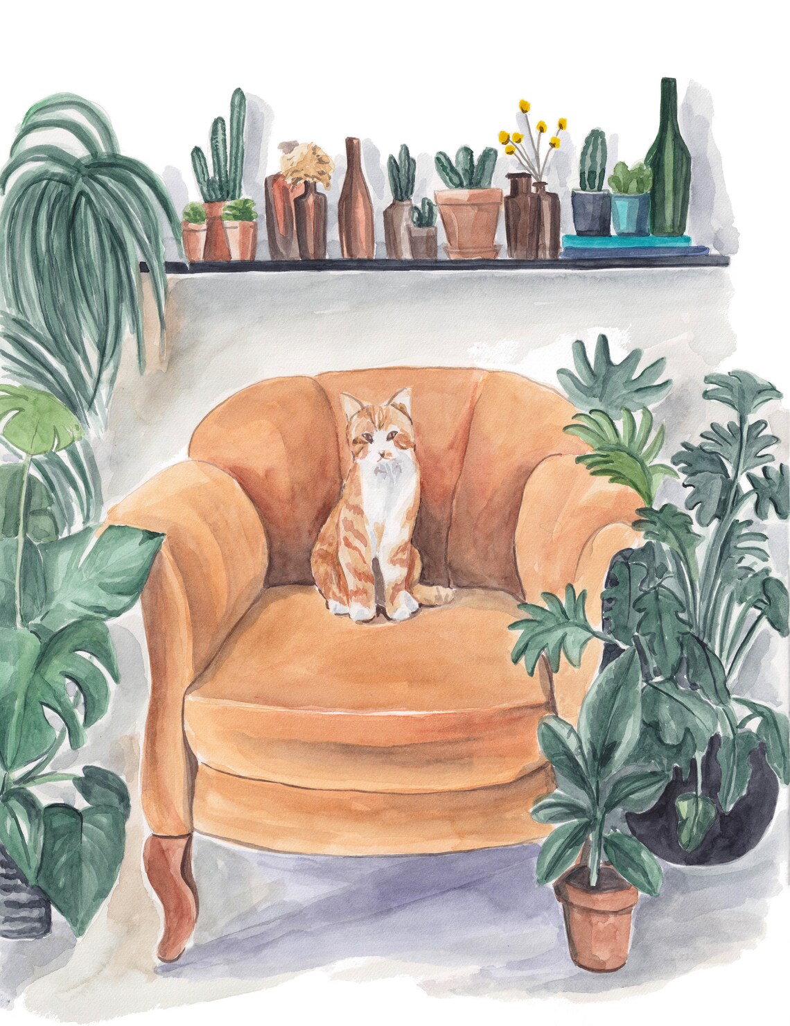 Orange Cat In Armchair Surrounded By Lush Houseplants Botanical Print - Image 2