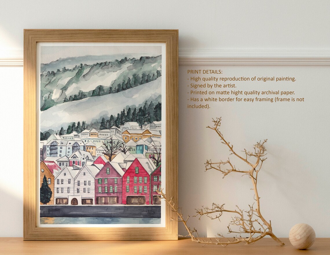 Bergen Norway Bryggen Wharf Colorful Houses Snow Mountains View Poster - Image 4