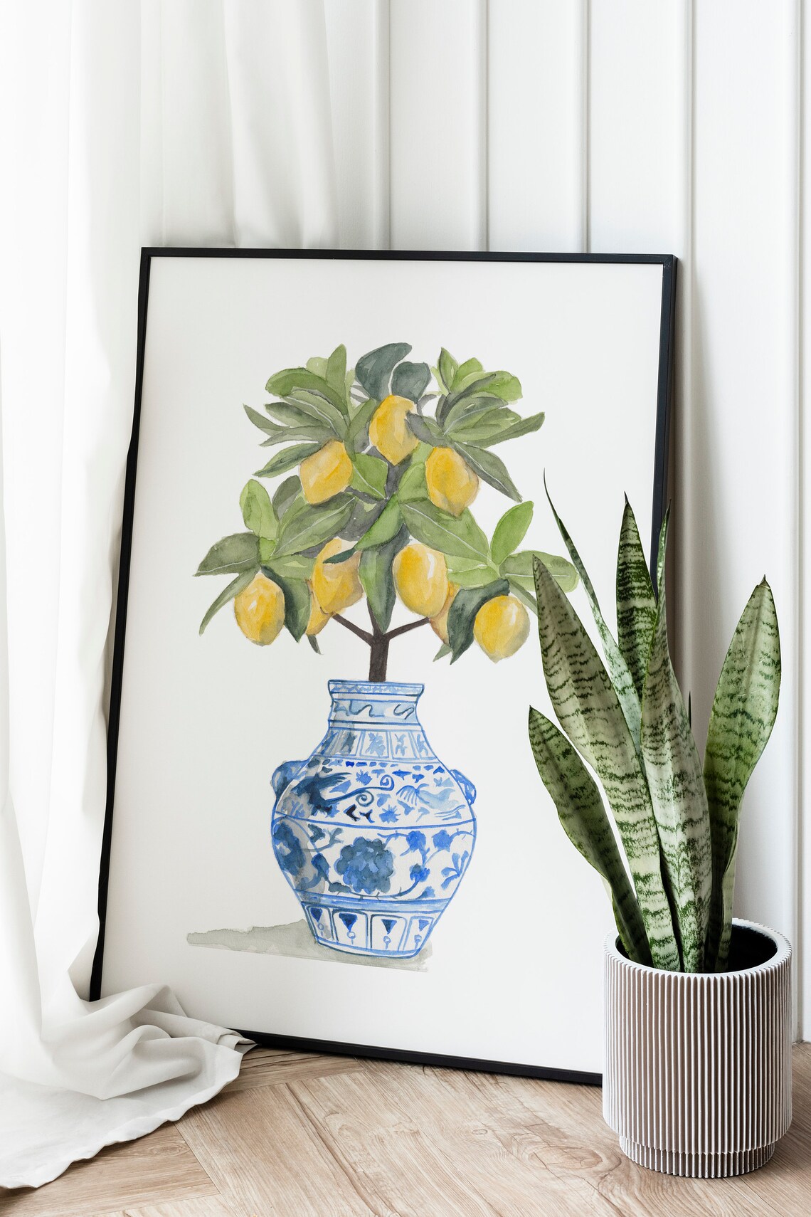 Lemon Chinoiserie Blue White Vase Botanical Art Print - Image 3