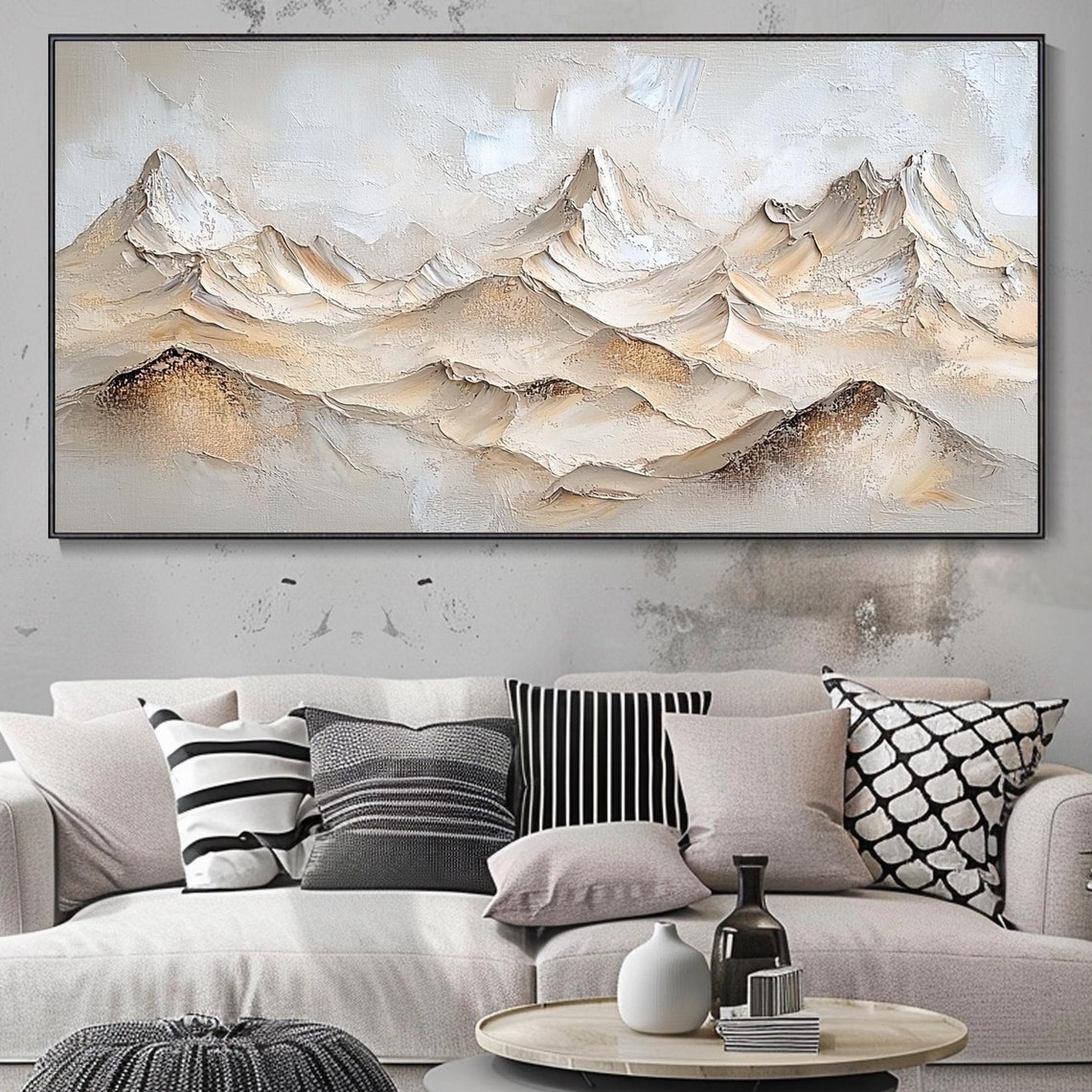Neutral Beige Mountain Range Panorama Textured Impasto Alpine Poster