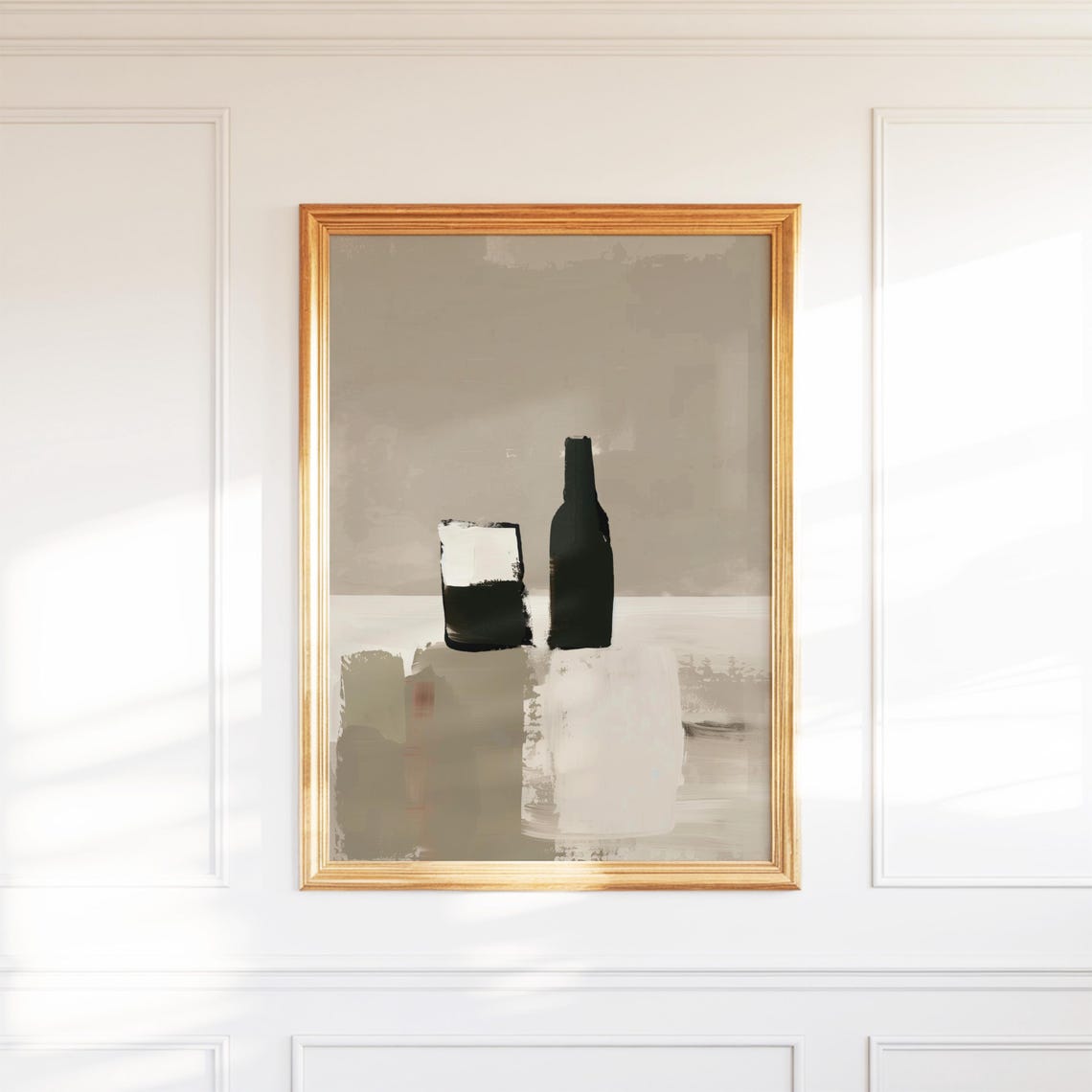 Wine Art Print Bottle And Glass Abstract Painting Still Life Wall Beachy Contemporary Decor Gift