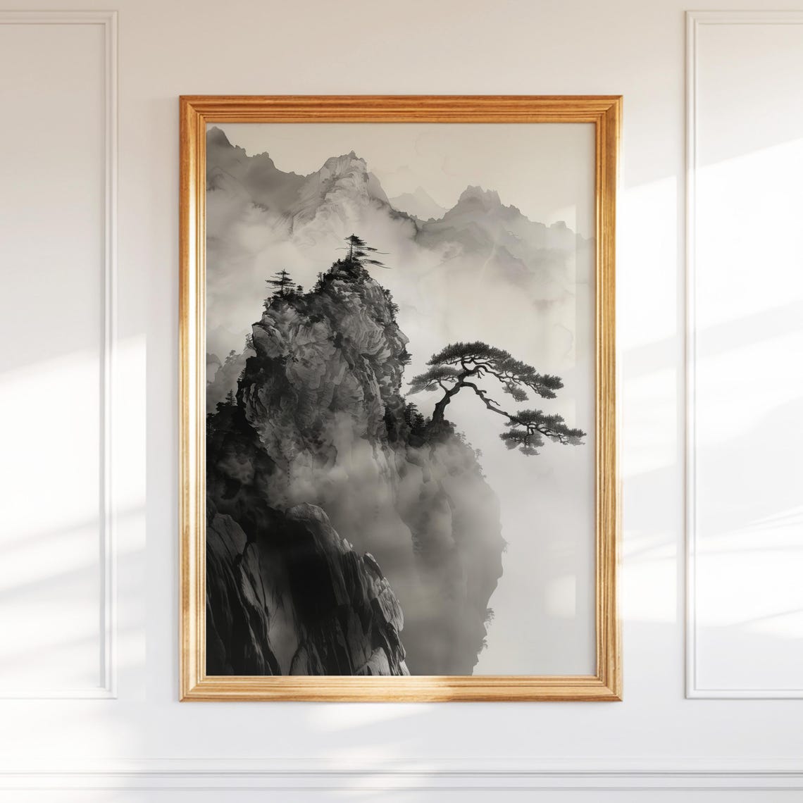 Misty Mountain Ink Wash Painting Monochrome Zen Landscape Poster