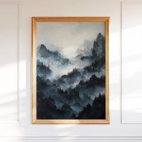 Mystic Misty Mountains Wall Art Ethereal Ink Landscape Print Dreamy Zen Decor Serene Nature Poster