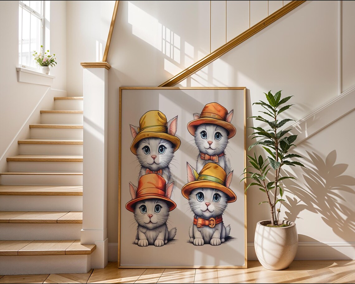 Cute Cats In Hats, Whimsical Kitten Illustration