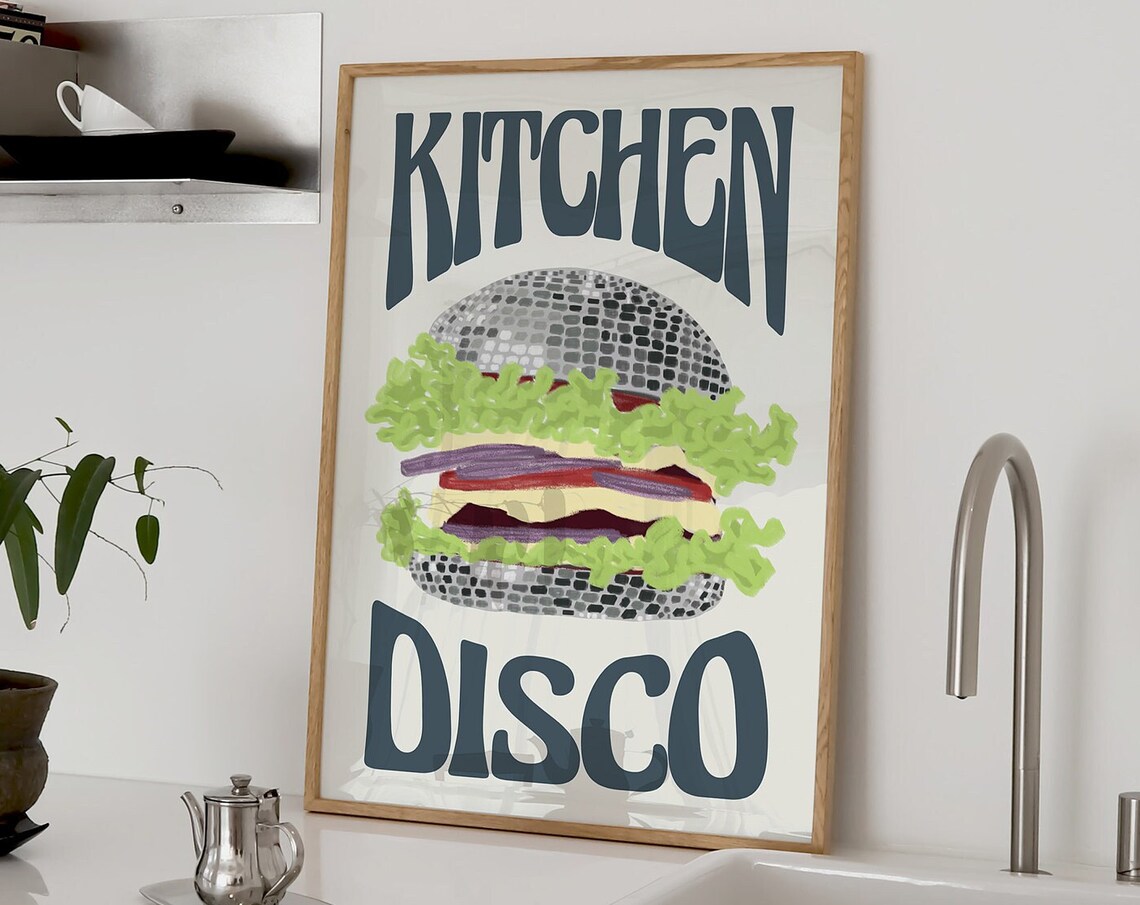 Kitchen Disco Poster Retro Burger Disco Ball Illustration Foodie Gift
