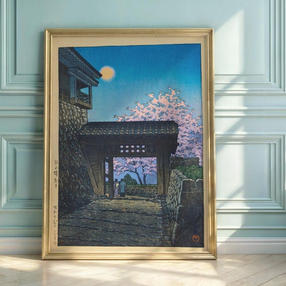 Hasui Kawase Matsuyama Castle Moon Gate Night Woodblock Print