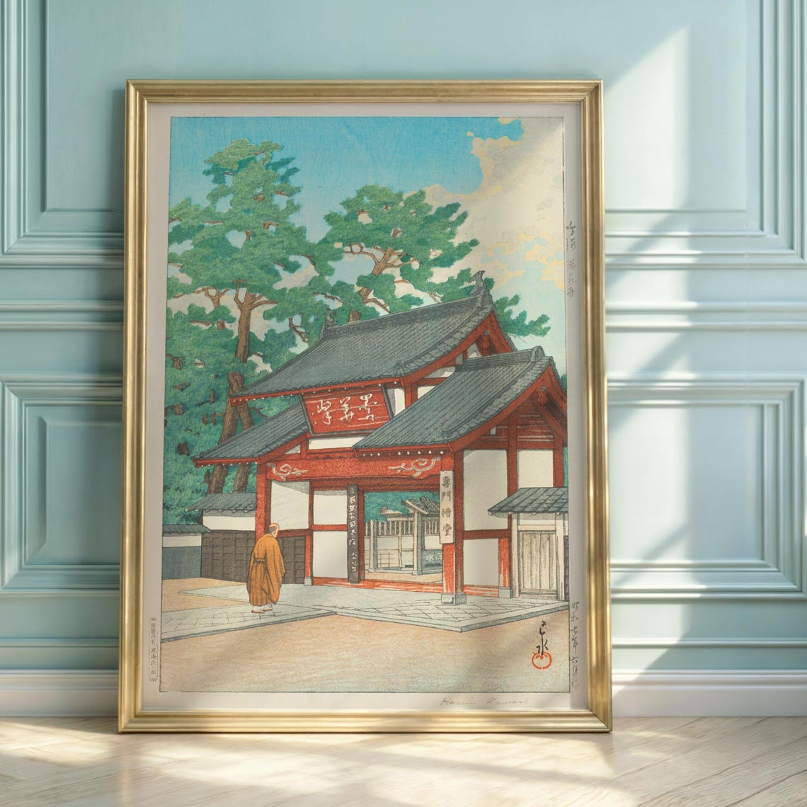 Hasui Kawase Zuisen Temple Red Gate Monk Japanese Woodblock Poster