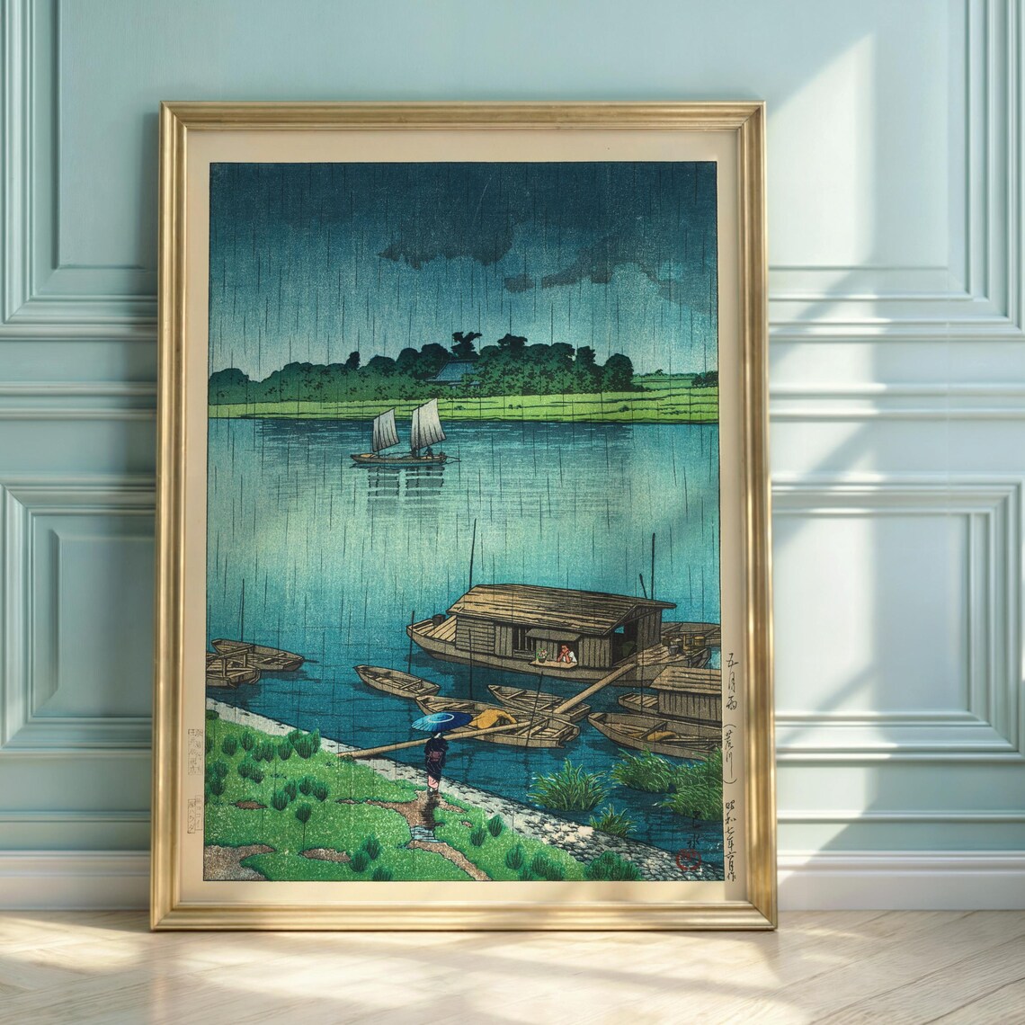 Hasui Kawase Rainy Arakawa River Boats Japanese Woodblock Poster