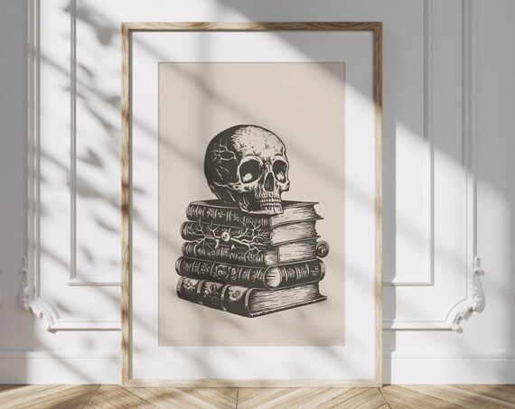 Vintage Skull on Stack of Books Engraved Dark Academia Wall Poster