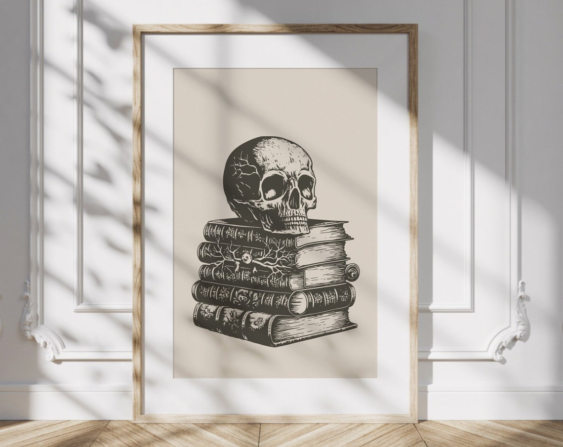 Vintage Skull on Stack of Books Engraved Dark Academia Wall Poster