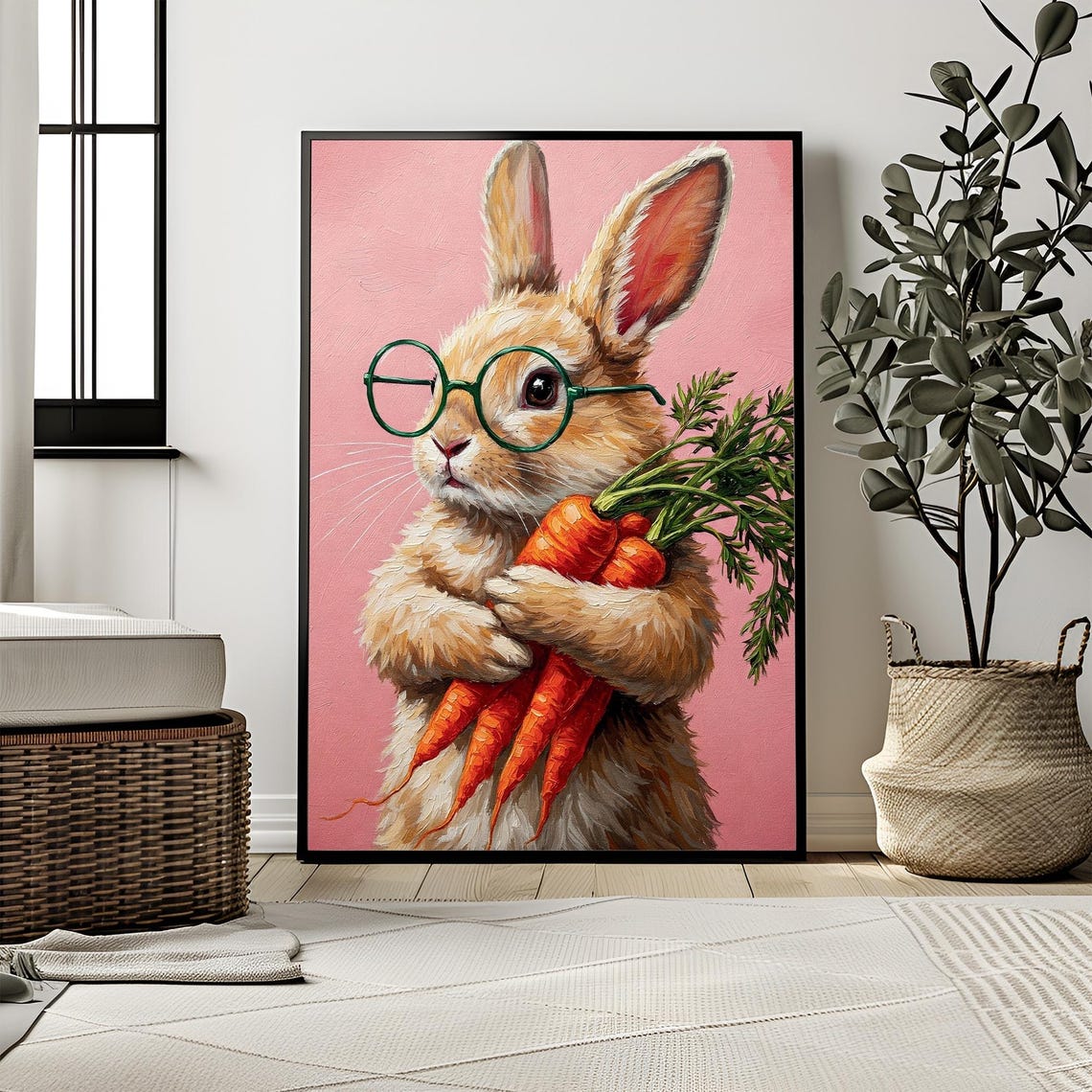 Cute Bunny With Green Glasses Holding Carrots Pink Nursery Poster - Image 2