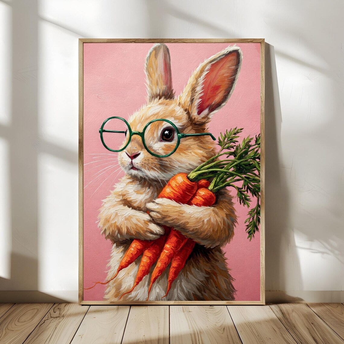 Cute Bunny With Green Glasses Holding Carrots Pink Nursery Poster