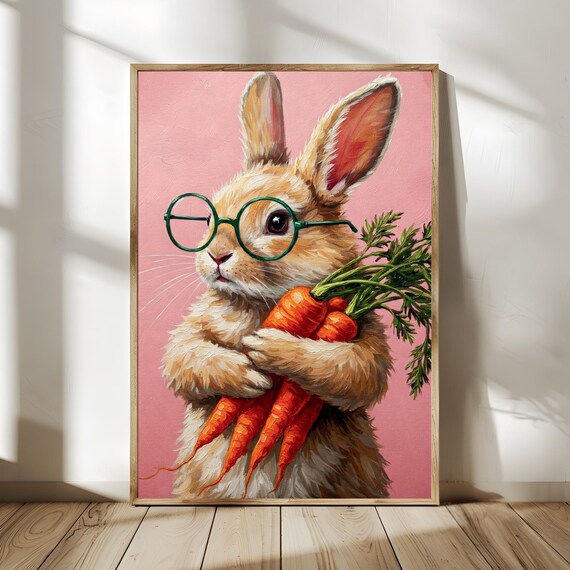 Cute Bunny With Green Glasses Holding Carrots Pink Nursery Poster
