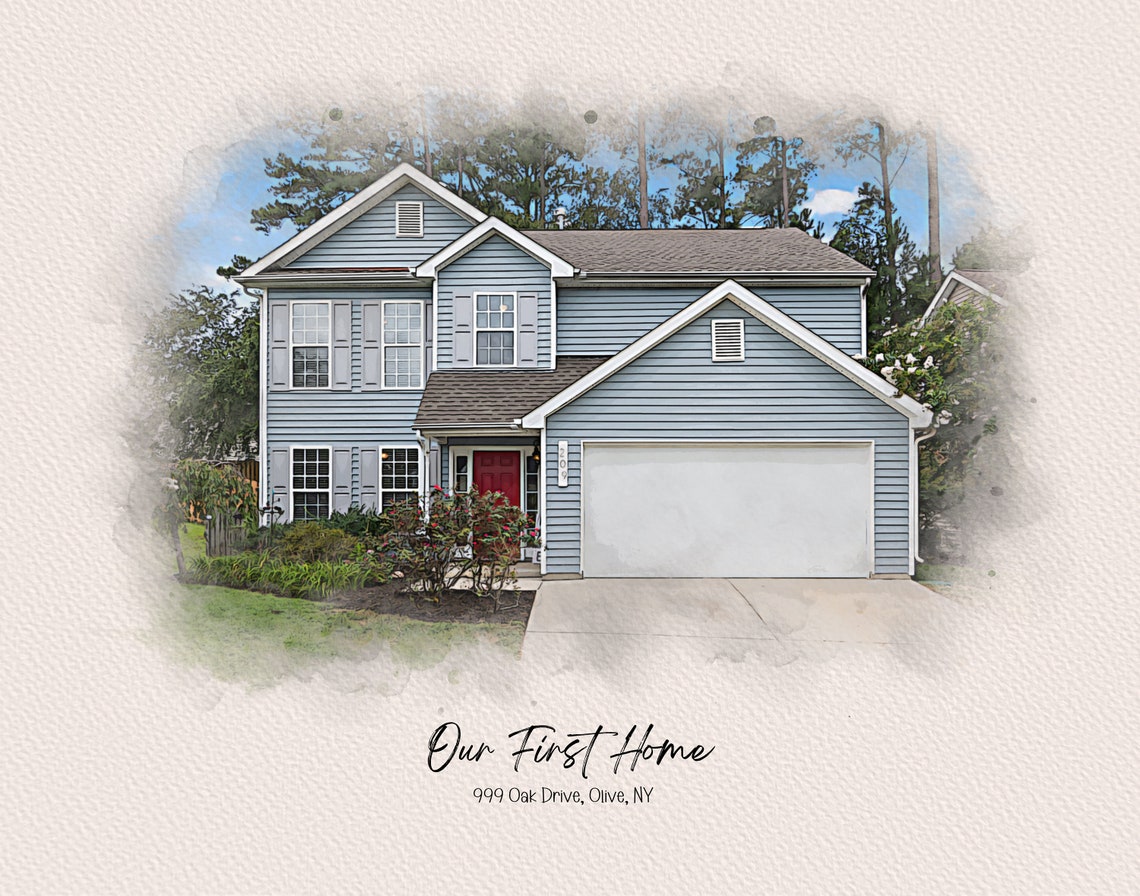 Our First Home Olive NY Soft Gray Sky Watercolor House Portrait Poster - Image 4