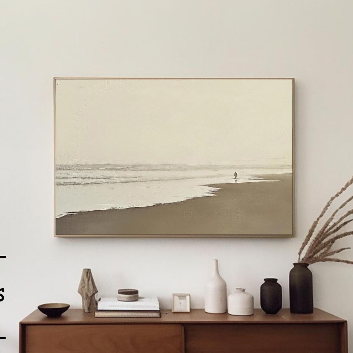 Minimalist Beige Beach Scene With a Lone Figure Walking on Sand Poster