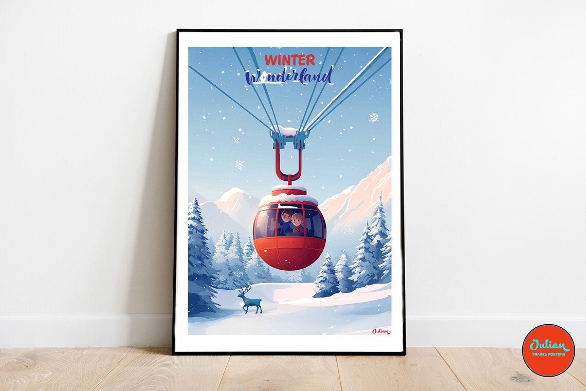 Winter Wonderland Red Gondola Ride Over Snowy Mountains Poster