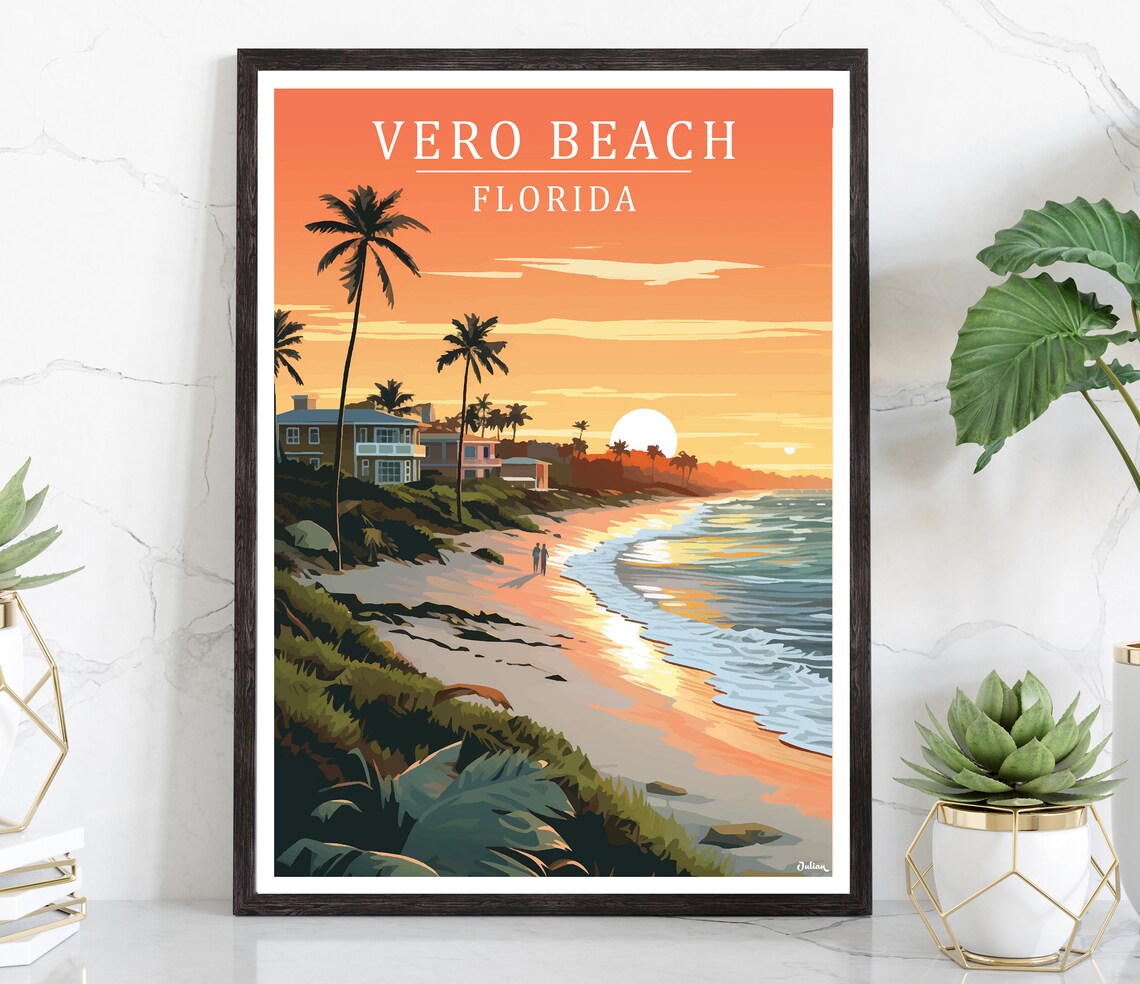 Vero Beach Golden Sunset Over Coastal Homes Florida Travel Poster