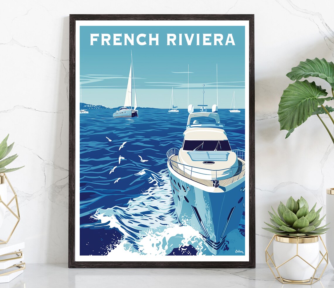 French Riviera Yacht Cruising Open Sea Sailing Travel Poster