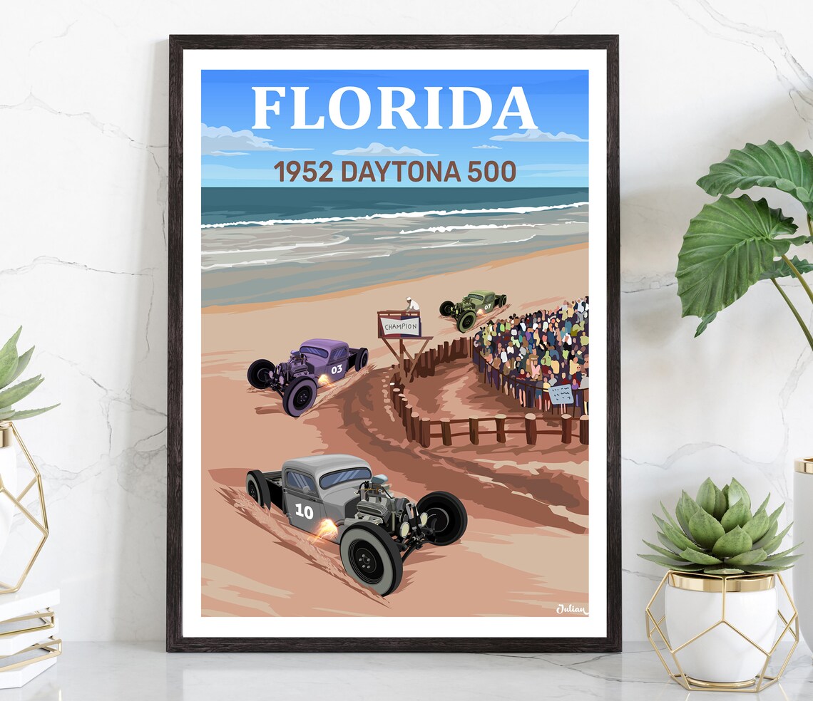 1952 Daytona 500 Beach Race Vintage Stock Cars Florida Poster
