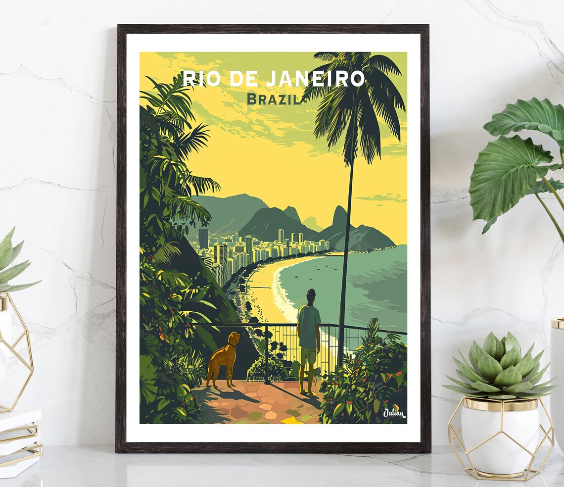 Rio de Janeiro Brazil Beach Viewpoint Palms Vintage Travel Poster